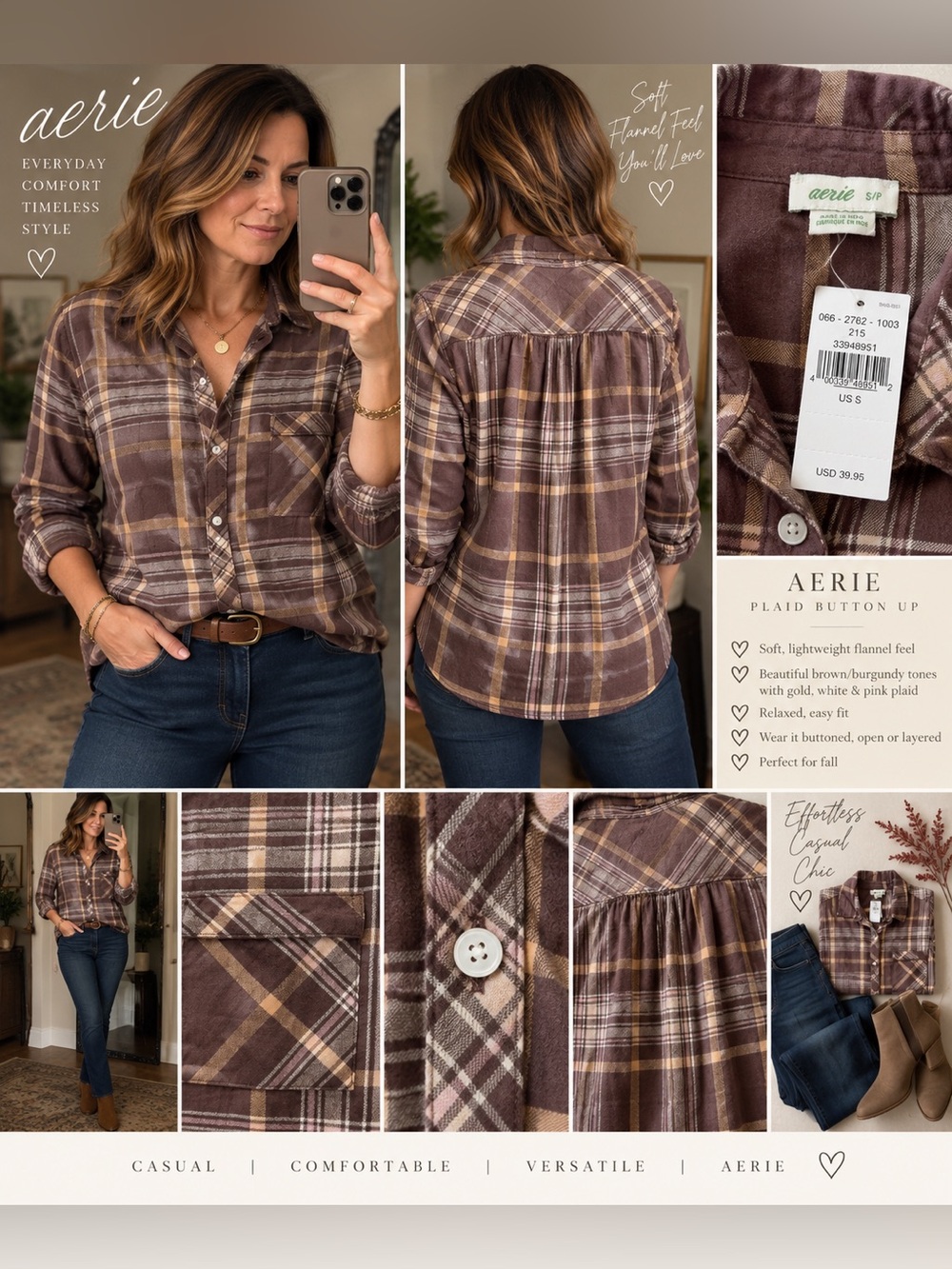 Aerie Plaid Button Down Shirt Brown Burgundy Pink NWT Size S